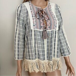 Women's KNOX ROSE Blue Striped BOHEMIAN Embroidered TASSEL Top TIE JACKET  L